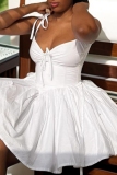 White Sleeveless Backless Tie-Strap Cut-Out Waist Pleated Hem A Line Holiday Party Mini Dress