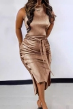 Rose Gold Sleeveless High Neck Self-Tie Belt Side Button Cocktail party Ruched Wrap Midi Dress