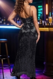 Black Sequin Evening Gown Sleeveless Deep V Neck Thigh-High Slit Bodycon Cocktail Party Sparkling Maxi Slip Dress