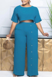 Blue O Neck Half Sleeve Crop Top and High Elastic Waist Wide Leg Pant Casual Outing Plus Size Two Piece Trouser Set