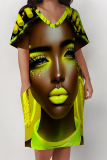 Gole Figure Print V Neck Short Sleeve Pocket Casual Outing Straight Loose Midi Dress