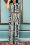 Dark Blue Casual Geometric Abstract Print Stripe Pocket Contrast Round Neck Sleeveless Tank Tops and Straight Leg Pants Two Pieces Sets