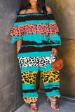 Blue Loose Vacation Casual Leopard Print Off Shoulder Long Lantern Sleeve Overall Jumpsuits