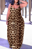 Dark Brown Leopard Print Sleeveless Backless Spaghetti Strap Floor Length Casual Outing Vacation Straight Baggy Maxi Slip Dress