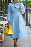 Sky Blue Bow Tie Collar Long Sleeve Ankle Length Office Lady Formal Plus Size Wedding Guest Midi Dress