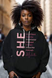 Black Silver Casual Letter Print Draw String Hooded Collar Long Sleeve Fall Winter Sweatshirts Tops