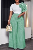 Orange Plus Size Two Piece Pant Set Crewneck Floral Shoulder Top and High-Waisted Striped Wide Leg Pant