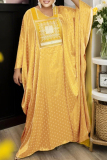 Navy Blue African Asymmetrical Collar with Embroidered Square Pattern Batwing Sleeve Floor Length Cultural Gatherings Loose-Fit Kaftan Maxi Dress