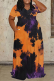 Colorful Tie Dye Print O Neck Short Sleeve Floor Length Casual Outing Plus Size Straight Loose Maxi Dress