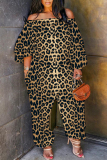 Dark Blue Loose Vacation Casual Leopard Print Off Shoulder Long Lantern Sleeve Overall Jumpsuits