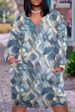 Blue Graphic Print V Neck Long Sleeve Casual Outing Straight Loose Midi Dress