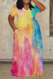 Colorful Tie Dye Print O Neck Short Sleeve Floor Length Casual Outing Plus Size Straight Loose Maxi Dress