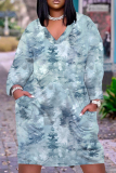 Blue Graphic Print V Neck Long Sleeve Casual Outing Straight Loose Midi Dress