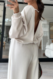 Off-white Casual Round Neck Backless Long Sleeve Sweatshirt and Straight Leg Sweatpants Fall Winter Two Pieces Sweatsuits Sets