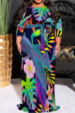 Purple Leaf Print O Neck 3/4 Sleeve Floor Length Casual Outing Vacation Plus Size Straight Loose Maxi Dress