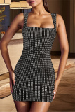 Black Hot Drilling Sleeveless Backless Square Neck Night Out Bodycon Club Mini Dress Birthday Party Sparkling Evening Gown