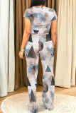 Dark Blue Casual Geometric Abstract Print Stripe Pocket Contrast Round Neck Sleeveless Tank Tops and Straight Leg Pants Two Pieces Sets