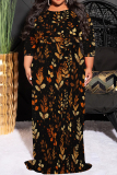 Purple Leaf Print O Neck 3/4 Sleeve Floor Length Casual Outing Vacation Plus Size Straight Loose Maxi Dress