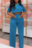 Blue O Neck Half Sleeve Crop Top and High Elastic Waist Wide Leg Pant Casual Outing Plus Size Two Piece Trouser Set