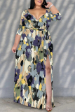 Light Purple Floral Print V Neck 3/4 Sleeve Lace Up Side High Slit Straight Loose Maxi Dress