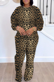 Dark Brown Sportwear Leopard Print Round Neck Long Sleeve Sweatshirt and Sweatpants Fall Winter Two Pieces Sweatsuits Sets