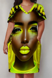 Gole Figure Print V Neck Short Sleeve Pocket Casual Outing Straight Loose Midi Dress