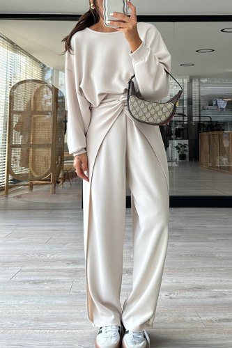 Off-white Casual Round Neck Backless Long Sleeve Sweatshirt and Straight Leg Sweatpants Fall Winter Two Pieces Sweatsuits Sets