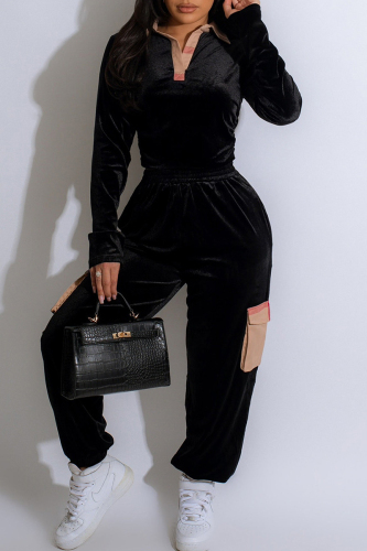 Black Pleuche Letter Polo Shirt Collar Long Sleeve Tops and Wide Leg Sweatpants Fall Winter Two Pieces Sets