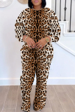 Dark Brown Sportwear Leopard Print Round Neck Long Sleeve Sweatshirt and Sweatpants Fall Winter Two Pieces Sweatsuits Sets