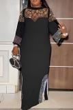 Black Mesh with Crisscross Neck Hot Drilling Rhinestone Embellishments 3/4 Sleeve and Side Slit Hem Formal Even Cocktail Maxi Dress