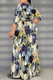 Light Purple Floral Print V Neck 3/4 Sleeve Lace Up Side High Slit Straight Loose Maxi Dress