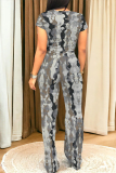Dark Blue Casual Geometric Abstract Print Stripe Pocket Contrast Round Neck Sleeveless Tank Tops and Straight Leg Pants Two Pieces Sets