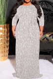 Purple Leaf Print O Neck 3/4 Sleeve Floor Length Casual Outing Vacation Plus Size Straight Loose Maxi Dress