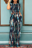 Dark Blue Casual Geometric Abstract Print Stripe Pocket Contrast Round Neck Sleeveless Tank Tops and Straight Leg Pants Two Pieces Sets