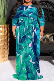 Purple Leaf Print O Neck 3/4 Sleeve Floor Length Casual Outing Vacation Plus Size Straight Loose Maxi Dress