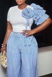 Orange Plus Size Two Piece Pant Set Crewneck Floral Shoulder Top and High-Waisted Striped Wide Leg Pant