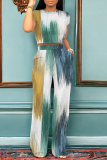 Dark Blue Casual Geometric Abstract Print Stripe Pocket Contrast Round Neck Sleeveless Tank Tops and Straight Leg Pants Two Pieces Sets