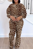 Dark Brown Sportwear Leopard Print Round Neck Long Sleeve Sweatshirt and Sweatpants Fall Winter Two Pieces Sweatsuits Sets