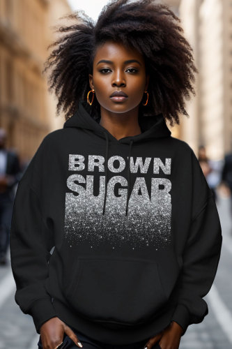 Black Silver Casual Letter Print Draw String Hooded Collar Long Sleeve Fall Winter Sweatshirts Tops