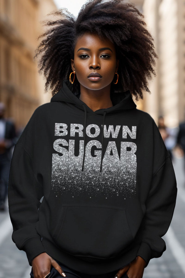 Black Silver Casual Letter Print Draw String Hooded Collar Long Sleeve Fall Winter Sweatshirts Tops
