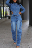 Light Blue Casual Pocket Button up Turndown Collar Long Sleeve Shirts Jacket and Cargo Pants Denim Two Pieces Matching Sets