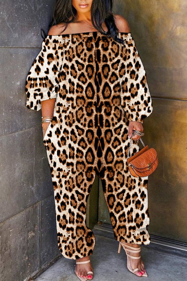 Dark Blue Loose Vacation Casual Leopard Print Off Shoulder Long Lantern Sleeve Overall Jumpsuits