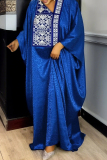 Navy Blue African Asymmetrical Collar with Embroidered Square Pattern Batwing Sleeve Floor Length Cultural Gatherings Loose-Fit Kaftan Maxi Dress