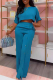Blue O Neck Half Sleeve Crop Top and High Elastic Waist Wide Leg Pant Casual Outing Plus Size Two Piece Trouser Set