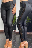 Black PU Leather Lace Patchwork Skinny Zip-up Mid Waist Pencil Pants Bottoms