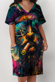 Gole Figure Print V Neck Short Sleeve Pocket Casual Outing Straight Loose Midi Dress