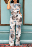 Dark Blue Casual Geometric Abstract Print Stripe Pocket Contrast Round Neck Sleeveless Tank Tops and Straight Leg Pants Two Pieces Sets