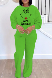 Green White Christmas Grinch 2 Piece Outfits Casual Cartoon Print Round Neck Long Sleeve Sweatshirts and Sweatpants Fall Winter Sweatsuit Sets