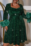 Dark Green Sequins Square Neck Long Sleeve Party Formal Evening A Line Midi Dresses