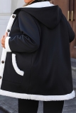 Black Buttons Hooded Long Sleeve Plus Size Thick Fleece Hooded Jacket